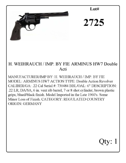 H. WEIHRAUCH / IMP. BY FIE ARMINUS HW7 Double Action Revolver .22 Cal