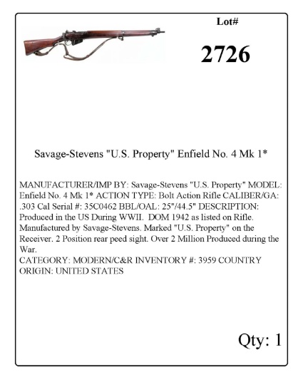 Savage-Stevens "U.S. Property" Enfield No. 4 Mk 1* .303 British
