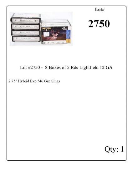 Lot #2750 -  8 Boxes of 5 Rds Lightfield 12 GA 2.75" Hybrid Exp 546 Grn Slugs