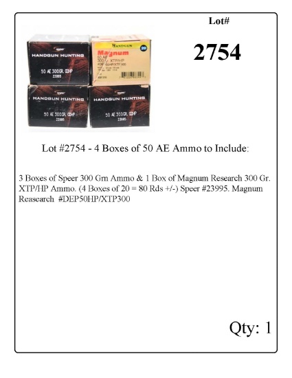 Lot #2754 - 4 Boxes of 50 AE Ammo to Include: 3 Boxes of Speer 300 Grn Ammo