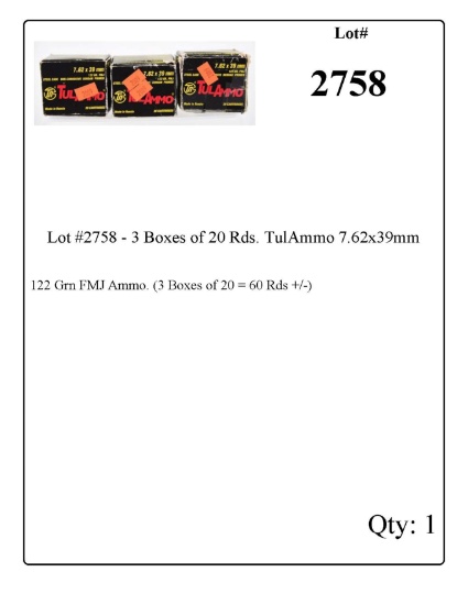 Lot #2758 - 3 Boxes of 20 Rds. TulAmmo 7.62x39mm 122 Grn FMJ Ammo. (3 Boxes of 20 = 60 Rds +/-)