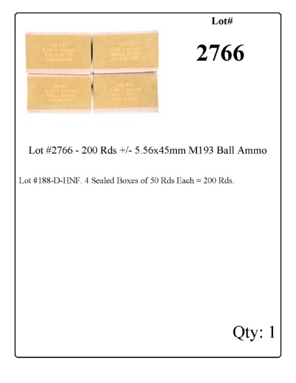 Lot #2766 - 200 Rds +/- 5.56x45mm M193 Ball Ammo Lot #188-D-HNF.