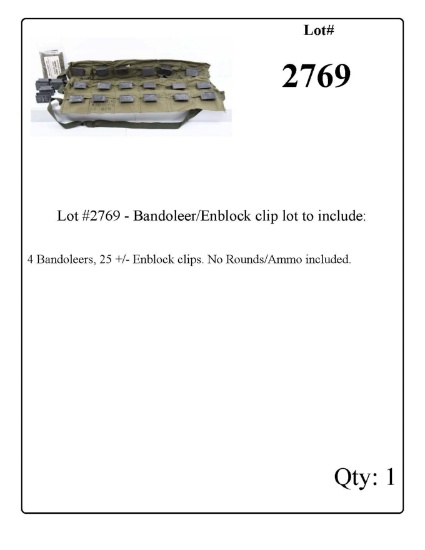 Lot #2769 - Bandoleer/Enblock clip lot to include: 4 Bandoleers, 25 +/- Enblock clips.