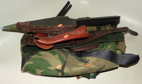 Folding Woodland camo camp seat, Woodland Camo Duffle bag, Fireplace bellows, Leather shell