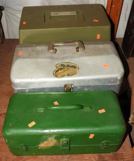 (3) Vintage Tackle boxes and a small Qty of vintage fishing tackle, small Qty of wooden lures