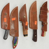 (5) custom crafted Fixed Blade Damascus steel knifes in handmade leather sheaths (new, never