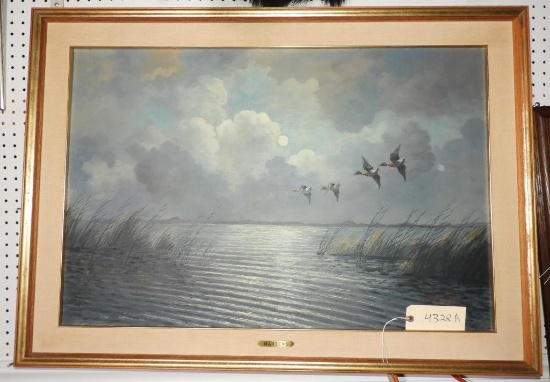 Superb Fritz Martens (Dutch American 1880-1955) Oil On Canvas landscape of Flying Mallard