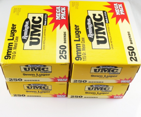 Lot of 1,000 rounds of new-in-the-box Remington UMC 9mm Luger 115 gr MC pistol ammo