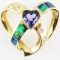 Estate 18K yellow gold diamond, tanzanite & opal heart pendant