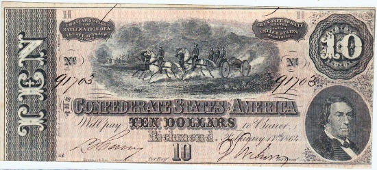 1864 Confederate States of America $10 banknote