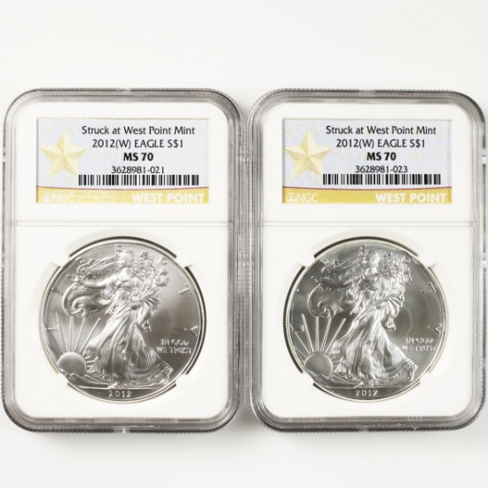 Pair of certified 2012-(W) U.S. American Eagle silver dollars