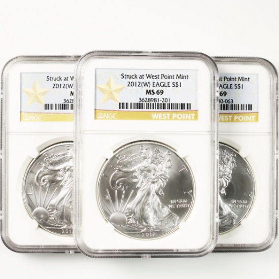 Investor's lot of 3 certified 2012-(W) U.S. American Eagle silver dollars