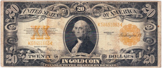 1922 U.S. large size $20 gold seal gold certificate banknote