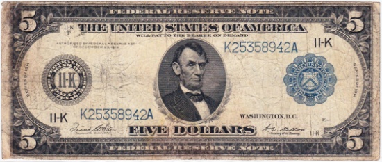 1914 U.S. large size $5 blue seal federal reserve banknote