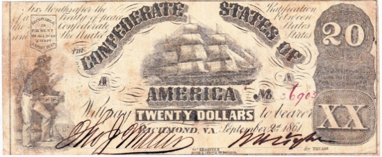 1861 Confederate States of America $20 banknote