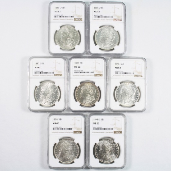 Investor's lot of 7 different certified U.S. Morgan silver dollars