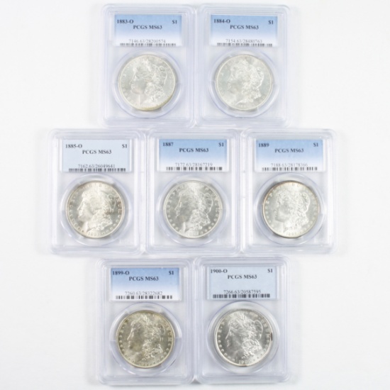 Investor's lot of 7 different certified U.S. Morgan silver dollars