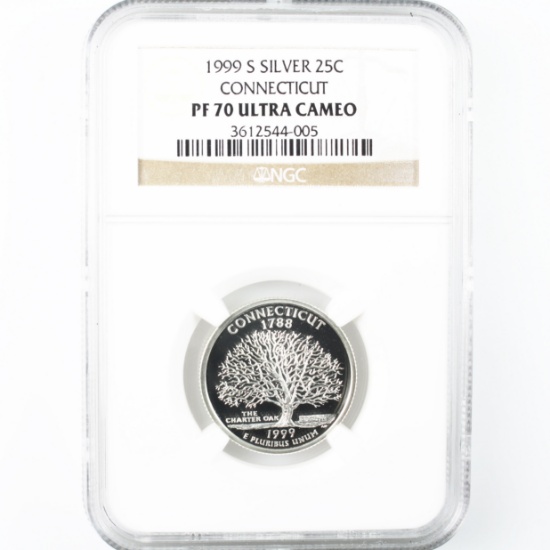 Certified 1999 U.S. proof silver Connecticut state quarter