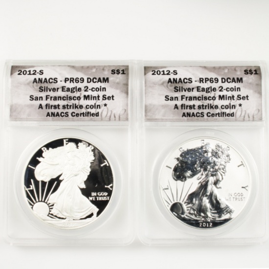 Certified 2-piece set of 2012-S U.S. proof & reverse proof American Eagle silver dollars