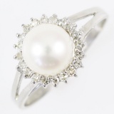 Estate 14K white gold diamond & pearl ring