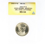 Certified 2007-P error U.S. John Adams presidential dollar