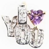 Estate 10K yellow & white gold diamond & amethyst “I LOVE YOU” pendant