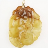 Estate 14K yellow gold carved jade leaf pendant