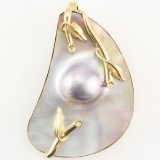 Estate 14K yellow gold diamond & mother-of-pearl leaf pendant