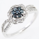 Estate 10K white gold blue & white diamond ring