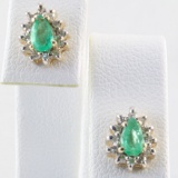Pair of estate 14K yellow gold diamond & natural emerald stud earrings