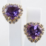 Pair of estate 14K yellow gold diamond & amethyst earrings