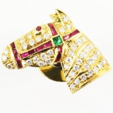 Estate 18K yellow gold diamond, ruby & emerald horse tie tack