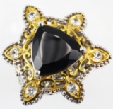 Estate sterling silver & gold-highlight black spinel & white topaz ring