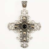 Elaborate estate 14K yellow gold, sterling silver & onyx cross