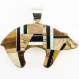 Estate P. Sanchez sterling silver opal, onyx, tiger's eye & agate Native American bear pendant