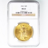 Certified 1922 U.S. $20 St. Gaudens gold coin