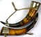 Pair of bull horns with metal hardware & leather straps