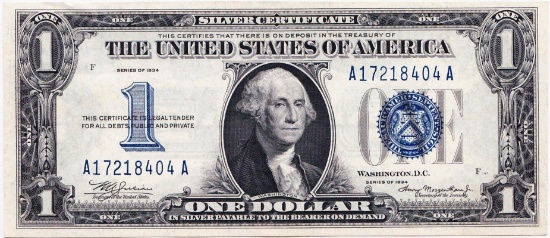 1934 U.S. $1 "funny back" blue seal silver certificate banknote