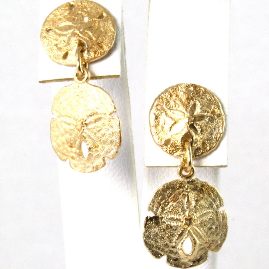 Pair of estate 14K yellow gold sand dollar dangle earrings