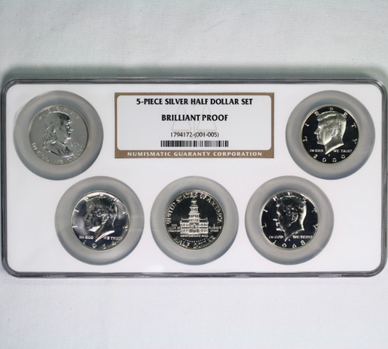 Certified 5-piece U.S. proof silver half dollar set