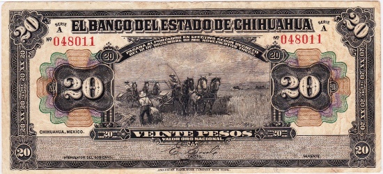 1913 El Banco del Estado de Chihuahua 20 peso banknote