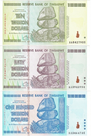 Lot of 3 high-denomination 2008 AA series Zimbabwe banknotes