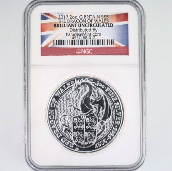 Certified 2017 Great Britain silver 5 pound 2oz "The Dragon of Wales" commemorative