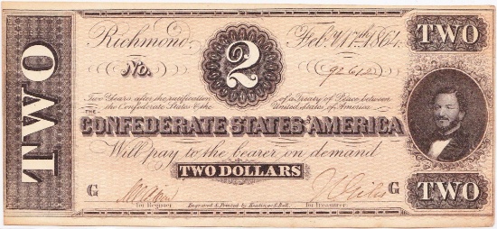 1864 Confederate States of America $2 banknote