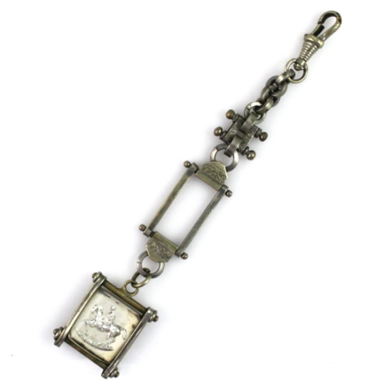 Vintage white metal watch chain with belt loop & fob