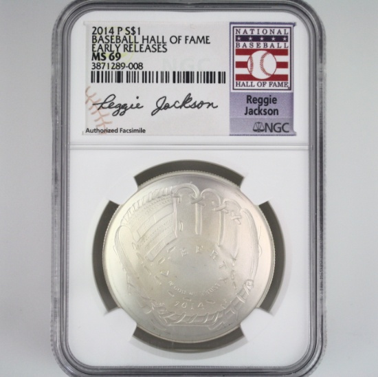 Certified 2014-P U.S. Reggie Jackson Baseball Hall of Fame commemorative silver dollar