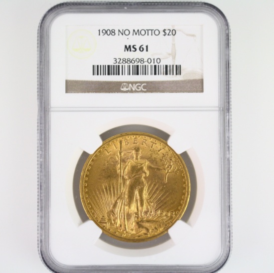 Certified 1908 no motto U.S. St. Gaudens $20 gold coin