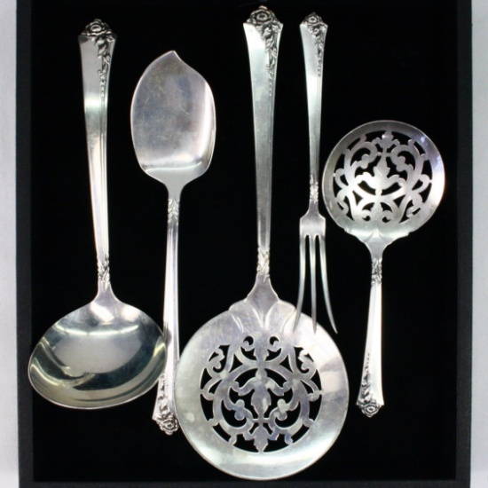 Lot of 5 pieces of Oneida "Damask Rose" sterling silver serving pieces