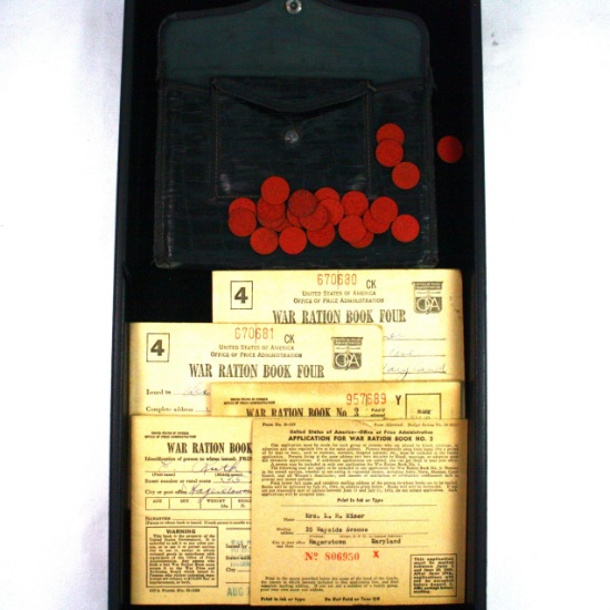 WWII U.S. war ration booklets & OPA "red points" in their original snap pouch
