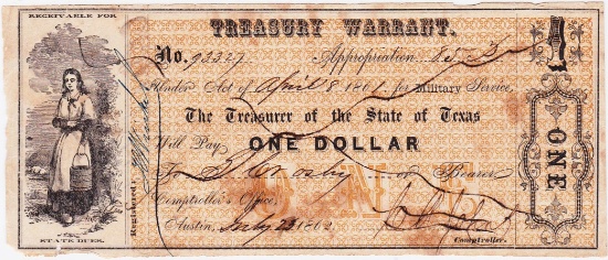 1861/1862 Texas $1 treasury warrant